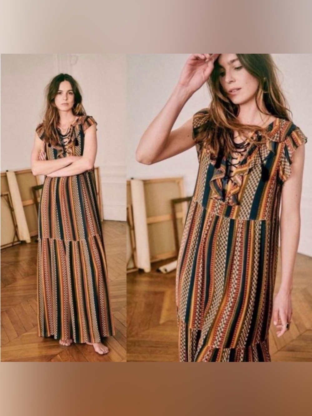 Sezane Dolores Lace Up Sleeveless Ruffle Maxi Dress in Maya Stripe Size 8